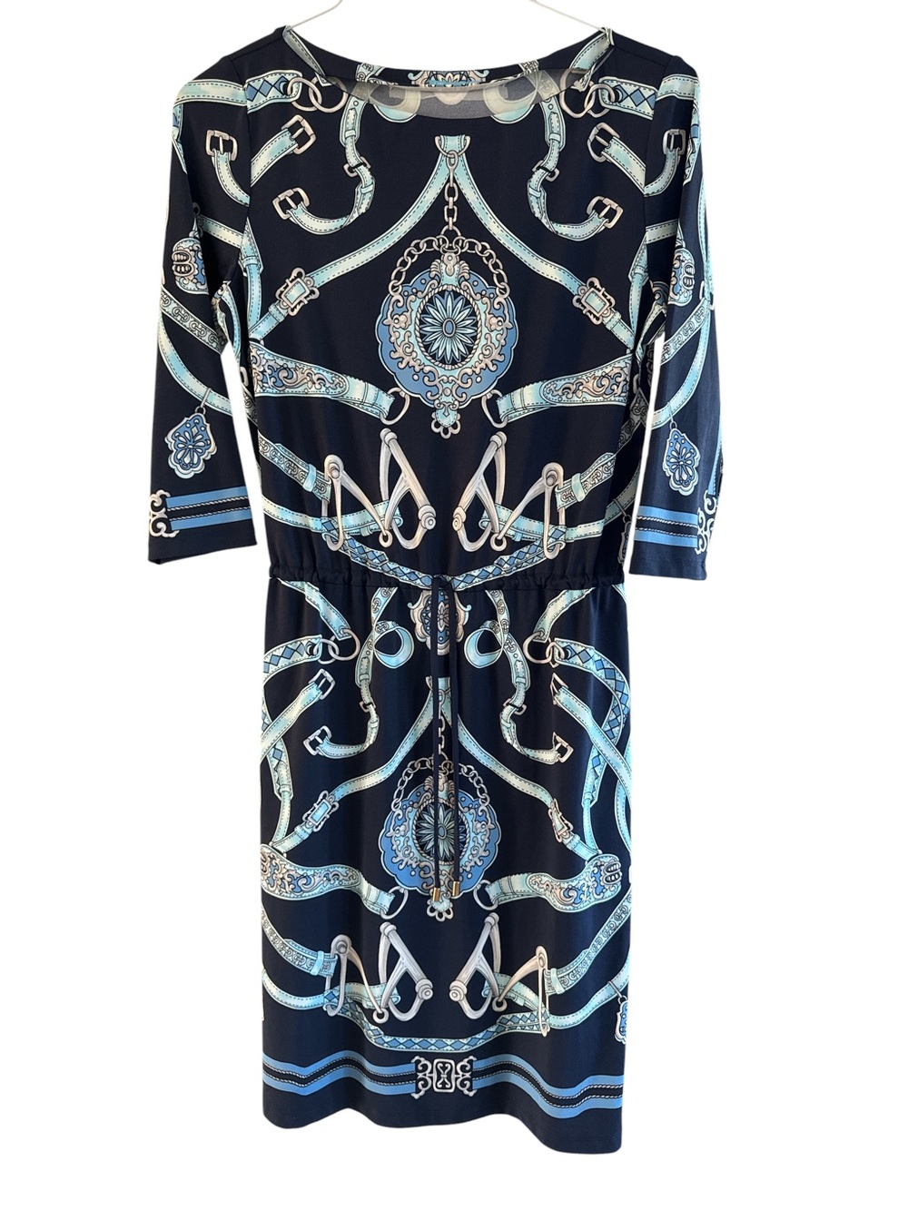 J McLaughlin Navy Blue Patterned Drawstring Waist Mini Dress